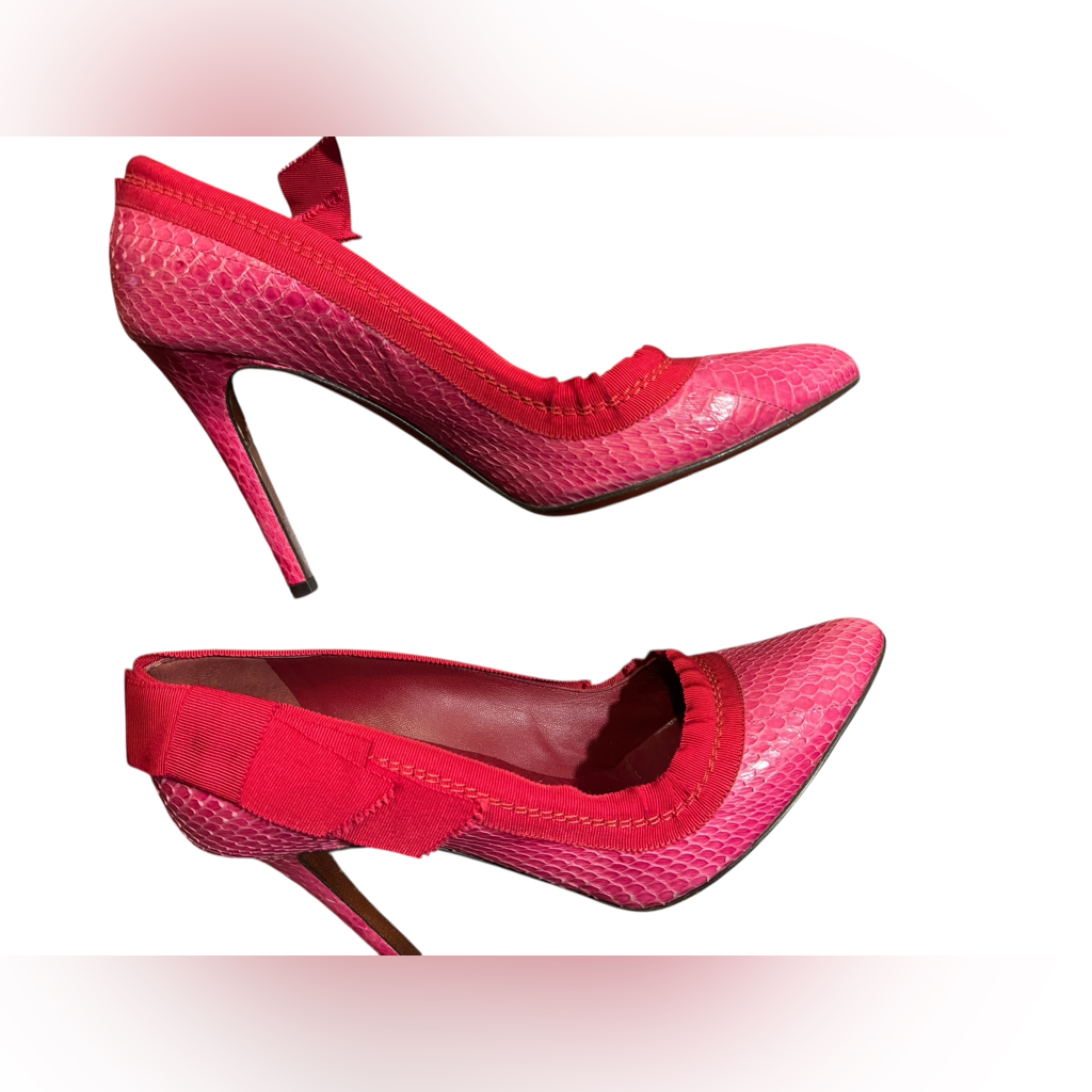 Lanvin Python Leather Pointed Toe Stiletto Heels With Dark Pink Ribbon